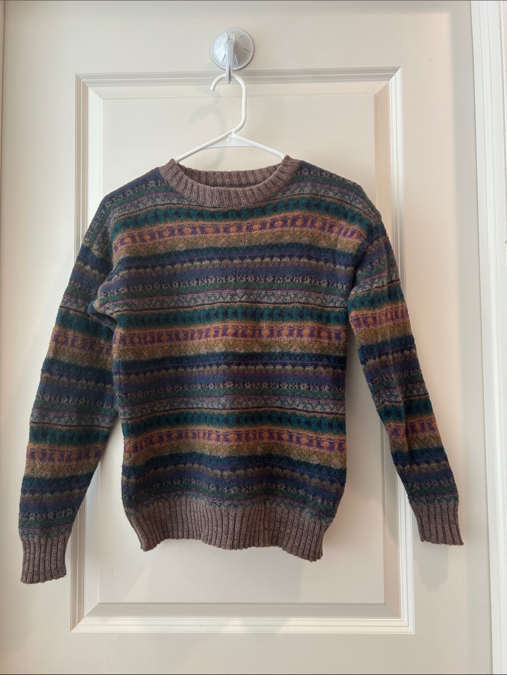 Alps Vintage Chunky Wool Multicolor Fair Isle Stripe Crewneck Sweater Rib Trim M